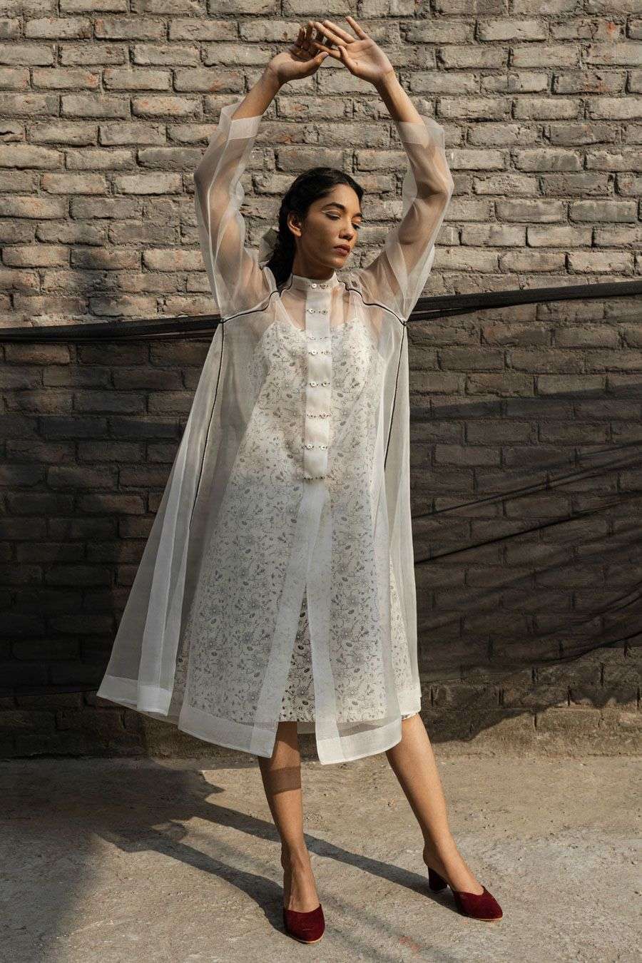 Buy Ahmev Soft Ivory Silk Organza Outer Wear