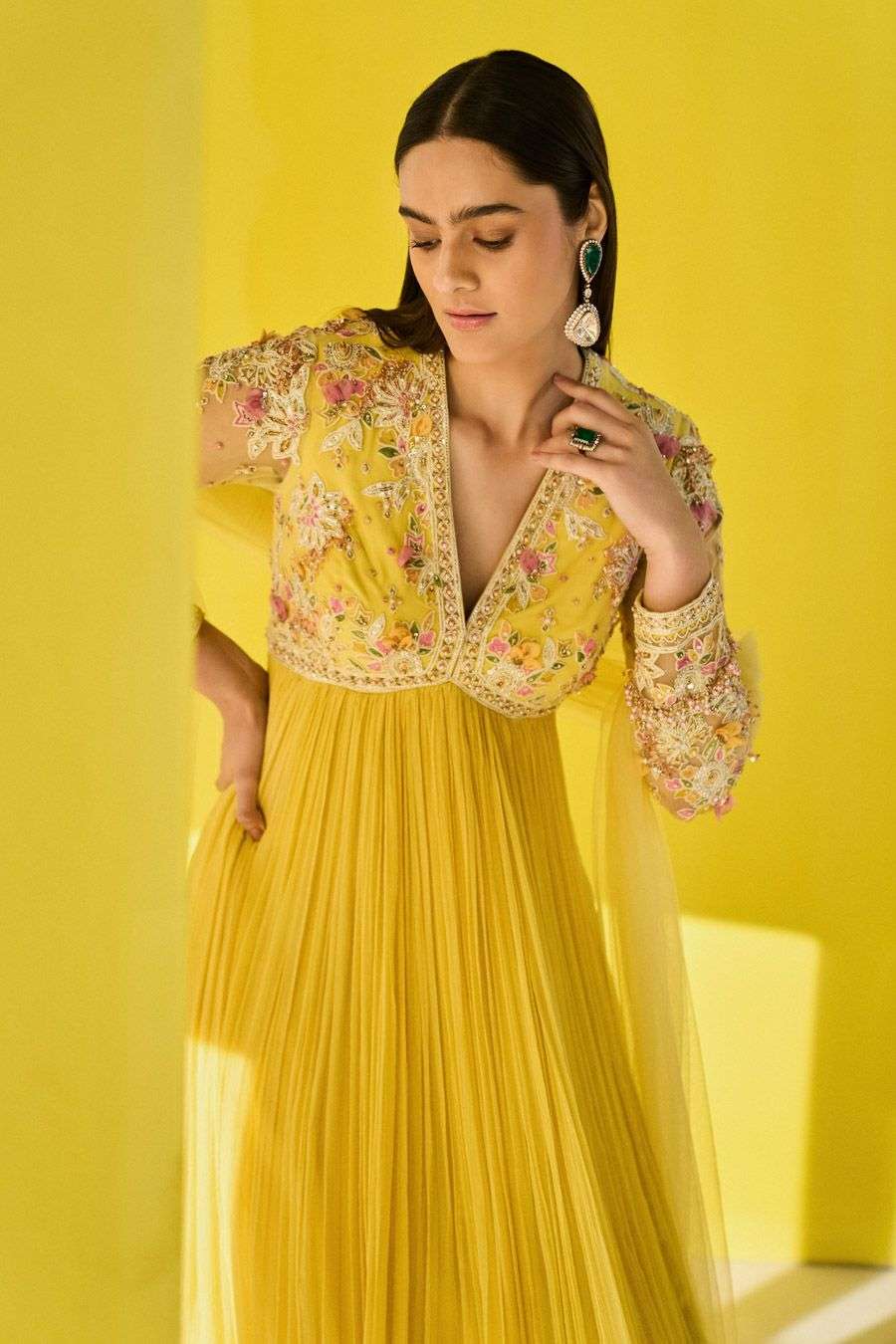 Yellow embellished anarkali set