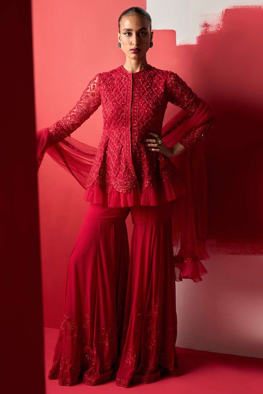 Red embellished sharara set