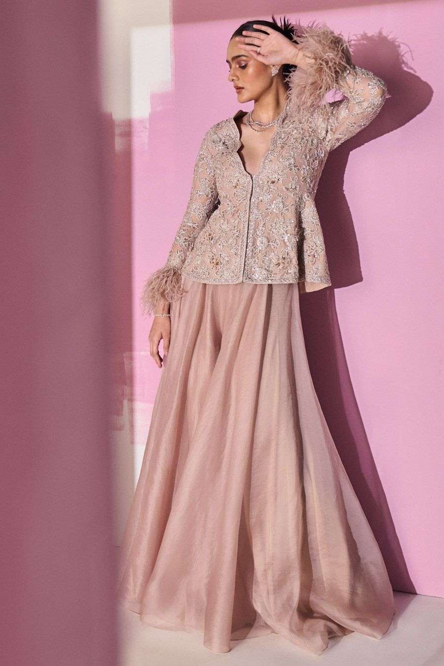 Buy Ridhi Mehra Soft Gold Peplum Net Sharara Organza Sharara Sets