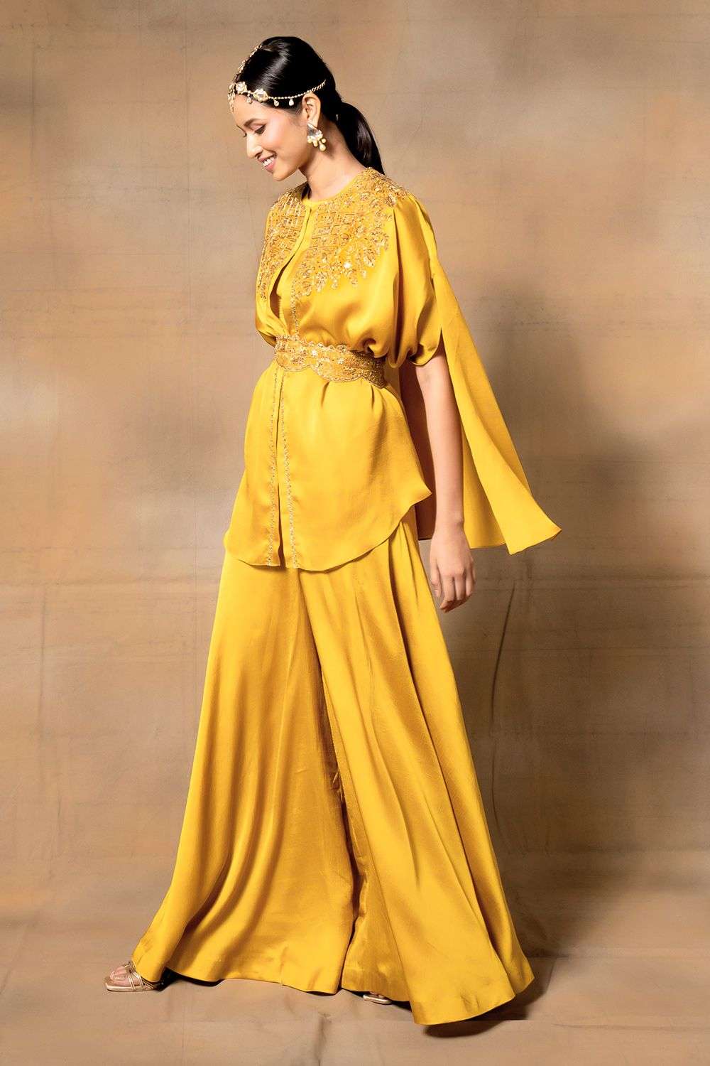 Mustard yellow embroidered cape set