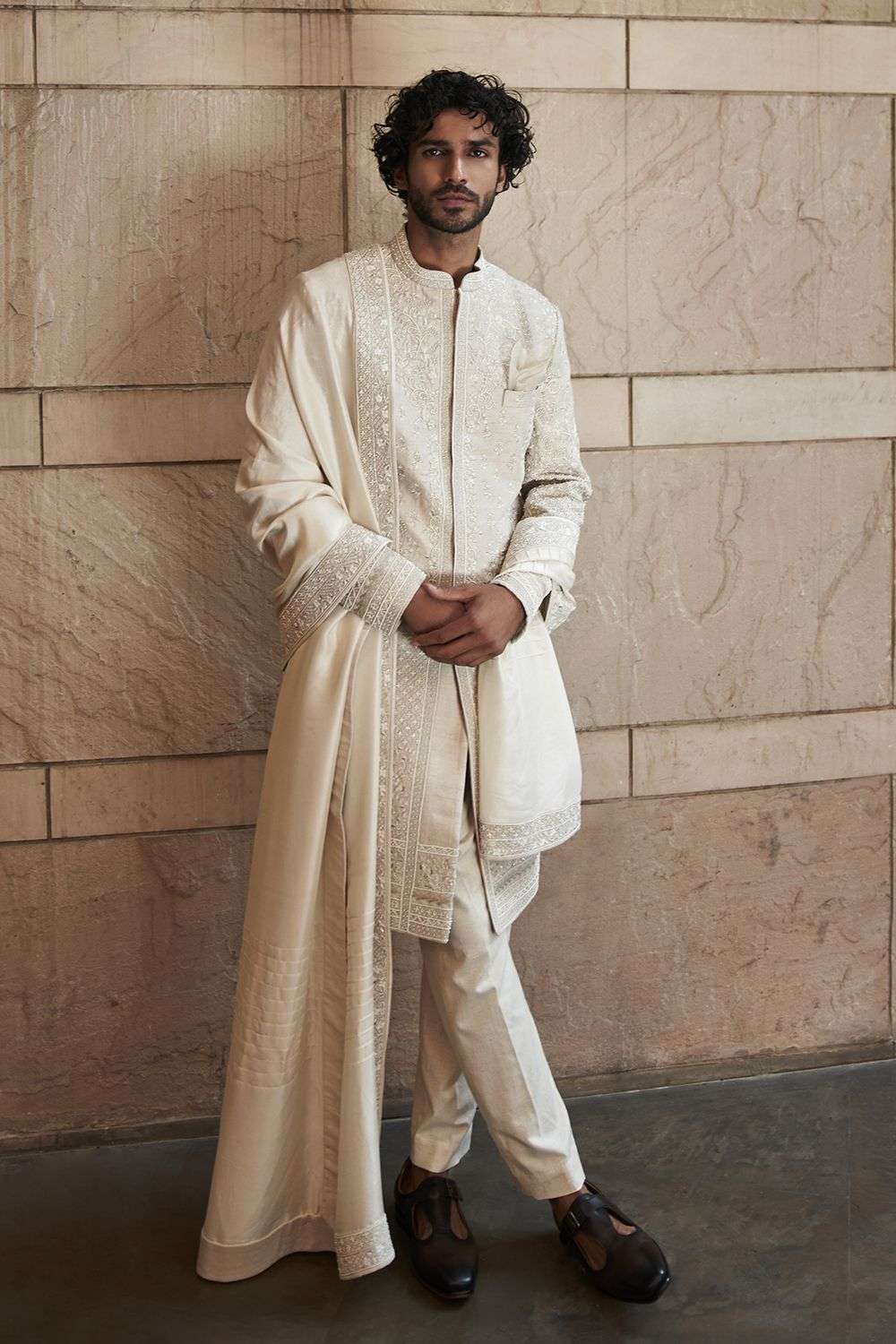 Buy Anushree Reddy Men Soft Ivory Sherwani Fabric: Raw Silk, Kurta