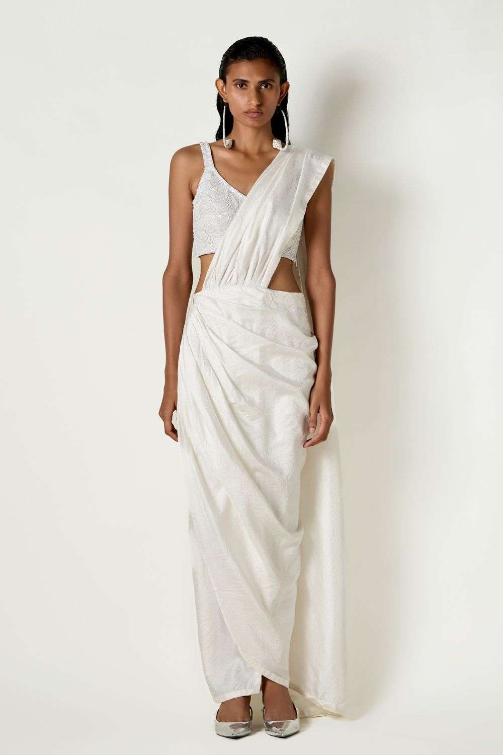 Buy White Satin Silk Flo Blouse -Designer Wear Ensemble