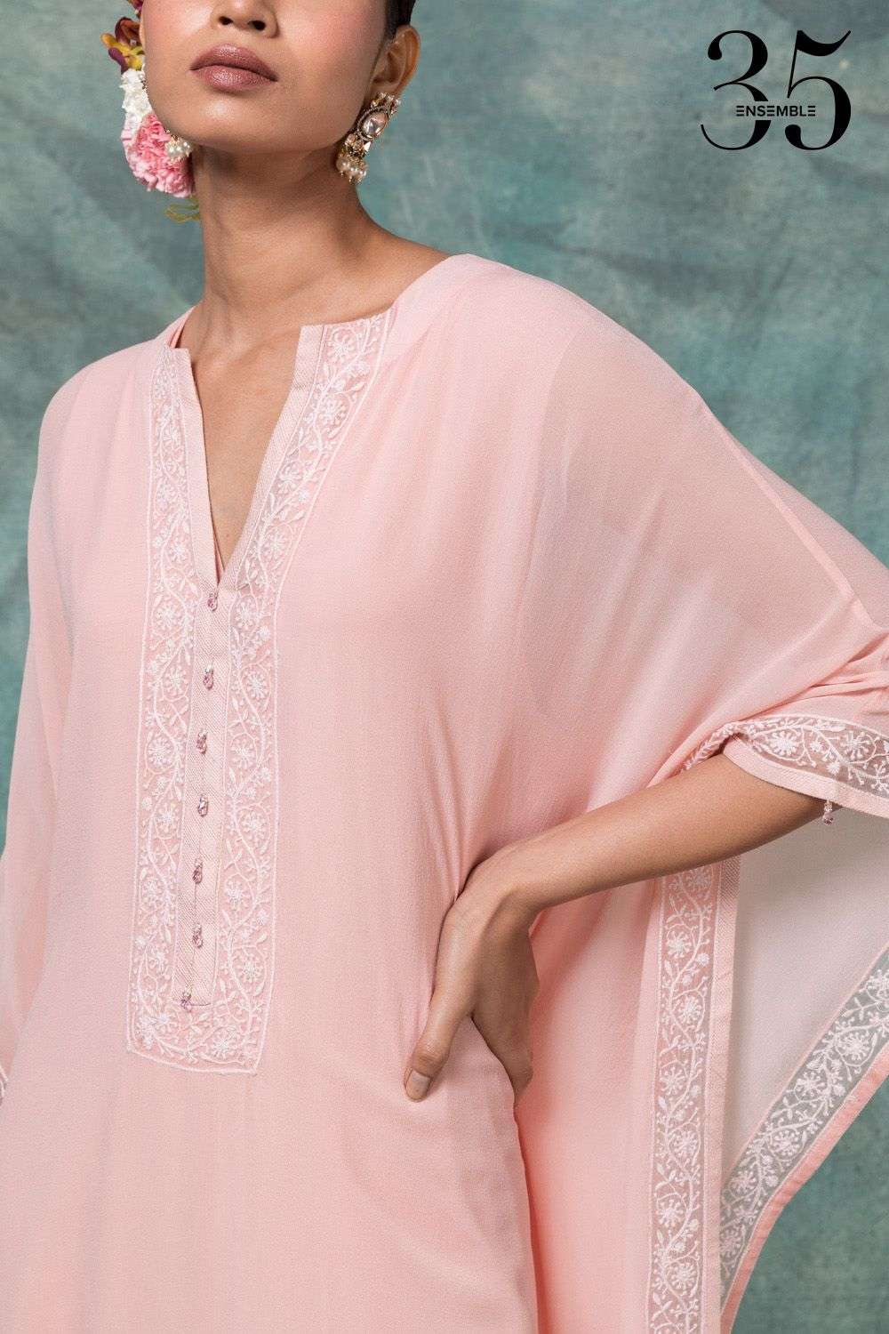 Buy Anjul Bhandari x Ensemble Soft Pink Georgette Chikankari Kaftans