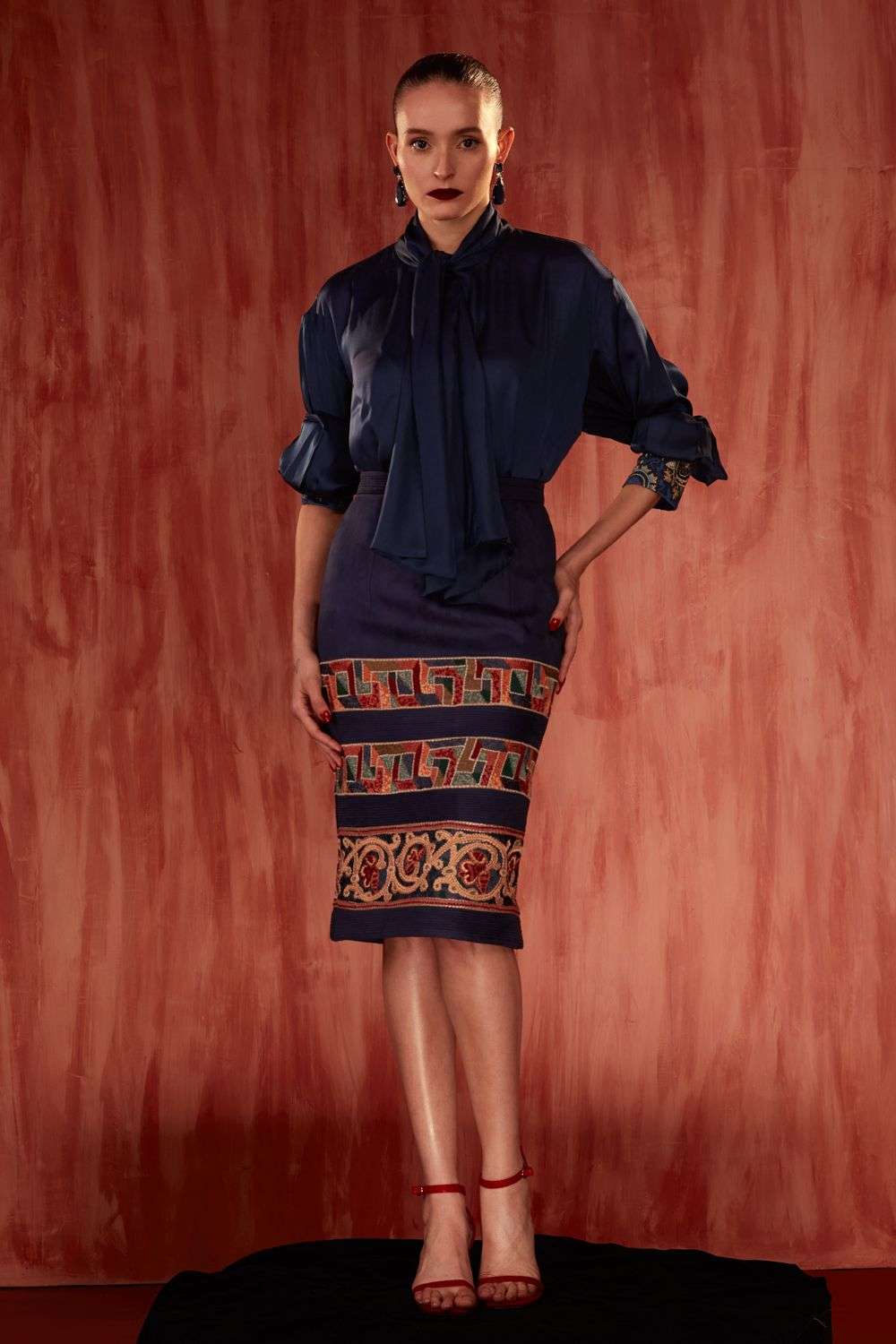 Navy blue faux suede embroidered pencil skirt