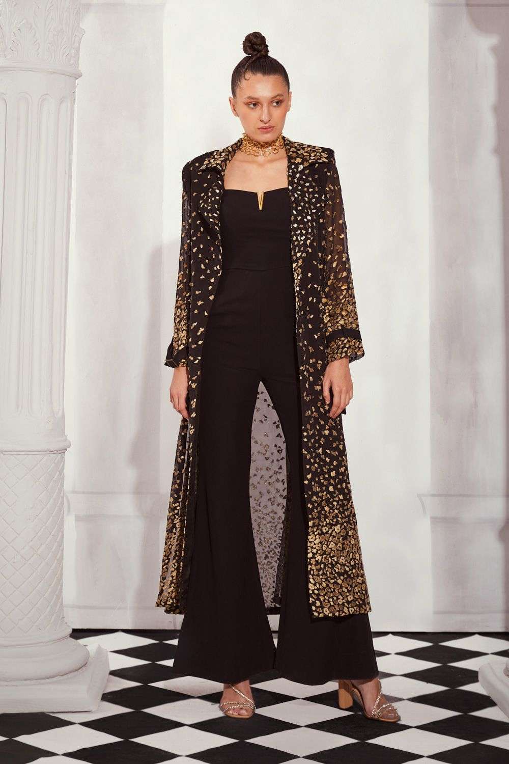 Black luxe suiting printed trench jumpsuit set