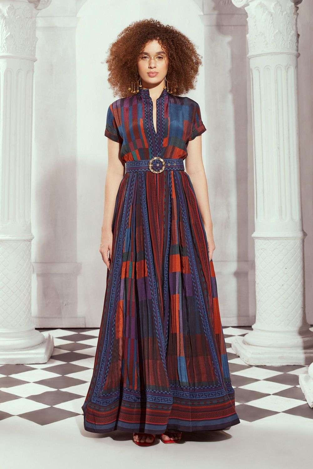 Multi-colour silk crepe long dress with belt