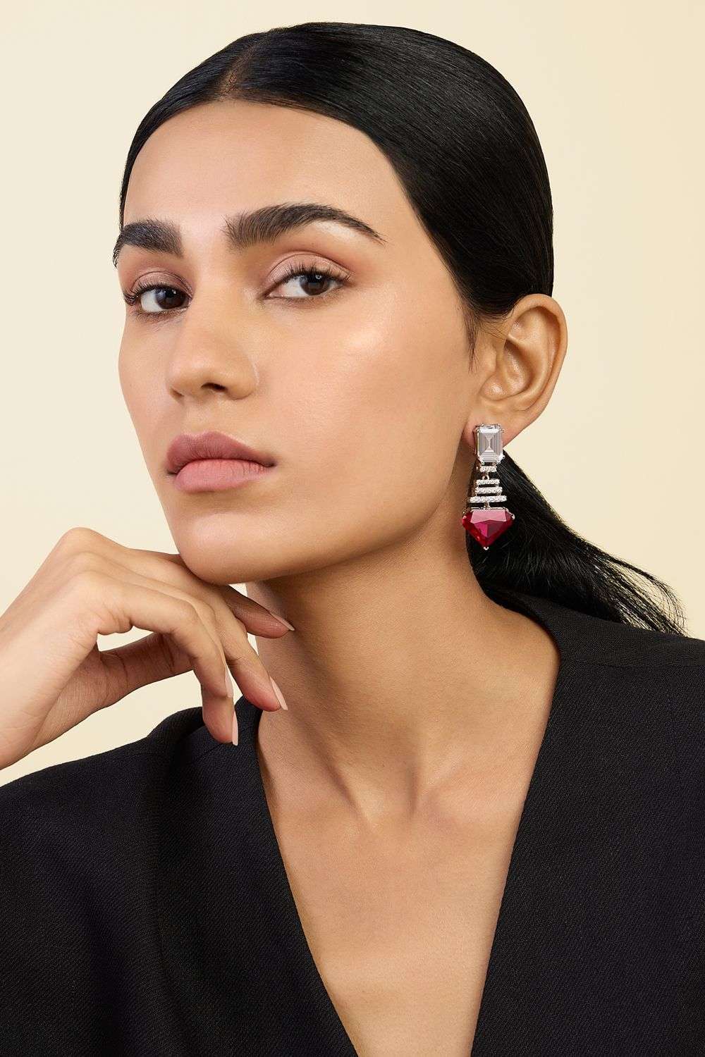 Ruby Corundum Drop Earrings In Rhodium Plating