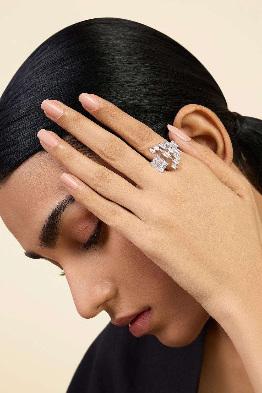 Cz Stone Art Deco Cocktail Ring In Rhodium Plating