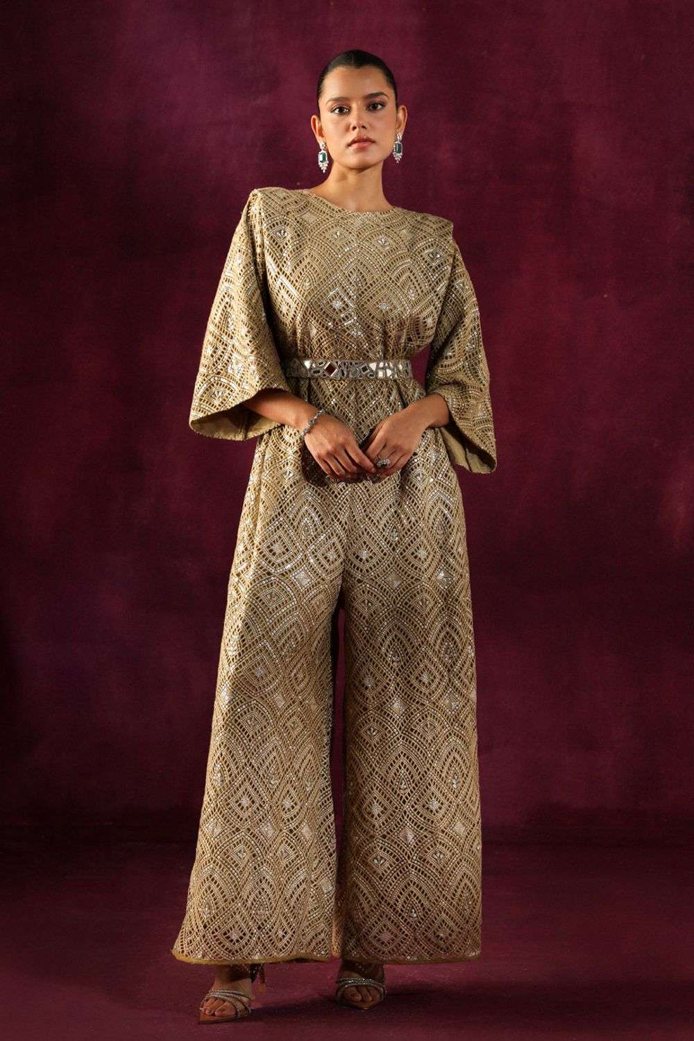 Buy Twenty Nine Soft Green Scallop Lace Mirrorwork Jumpsuits