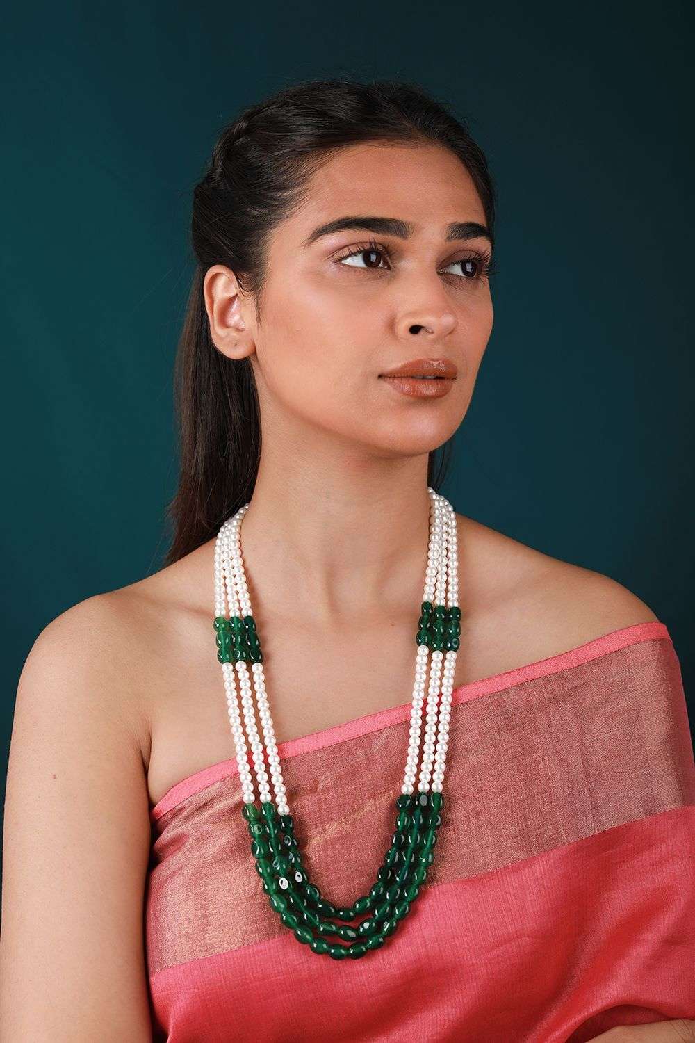 Long Pearl Necklace With Saree Buy Riana Jewellery Soft Green