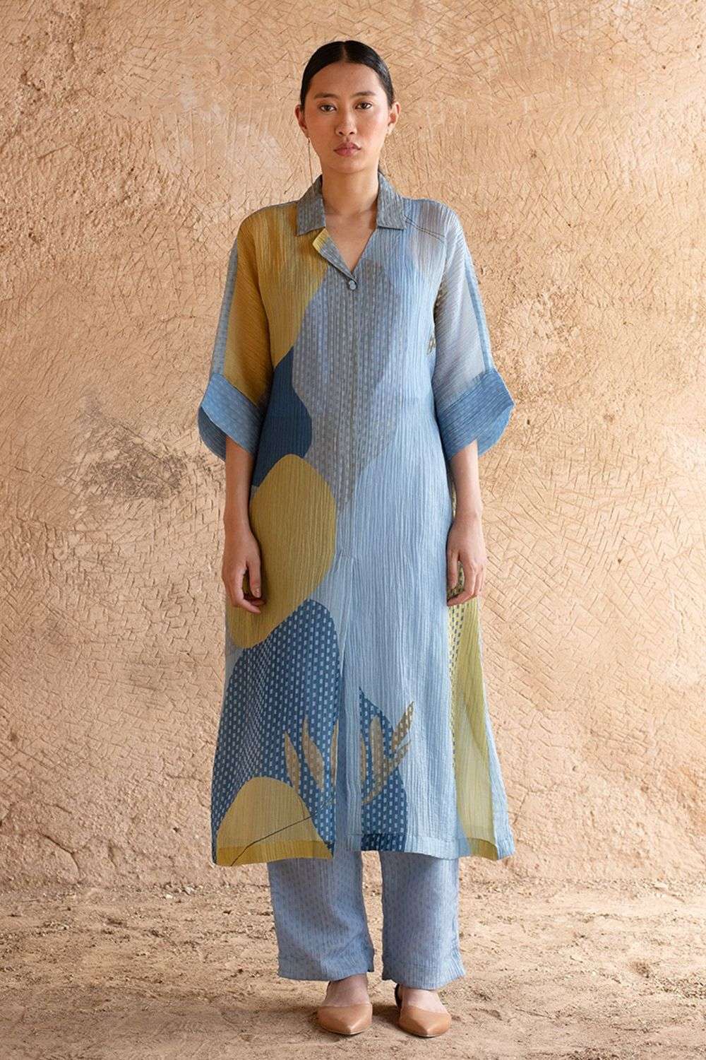 Buy CLOS Soft Blue Shimmer Cupro (Wrinkle) Kurtas