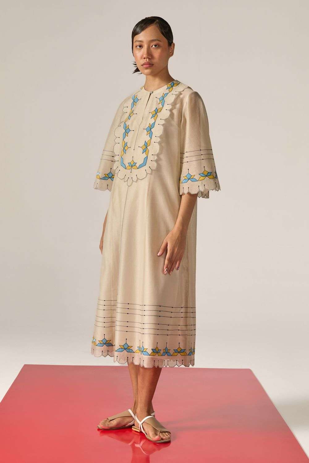 Buy Ikai Soft Beige Cotton Silk Chanderi Applique & Aari