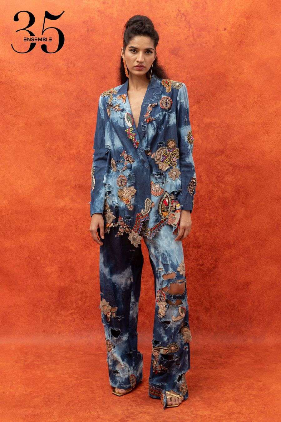 Buy Anamika Khanna x Ensemble Soft Blue Denim Jacket Sets