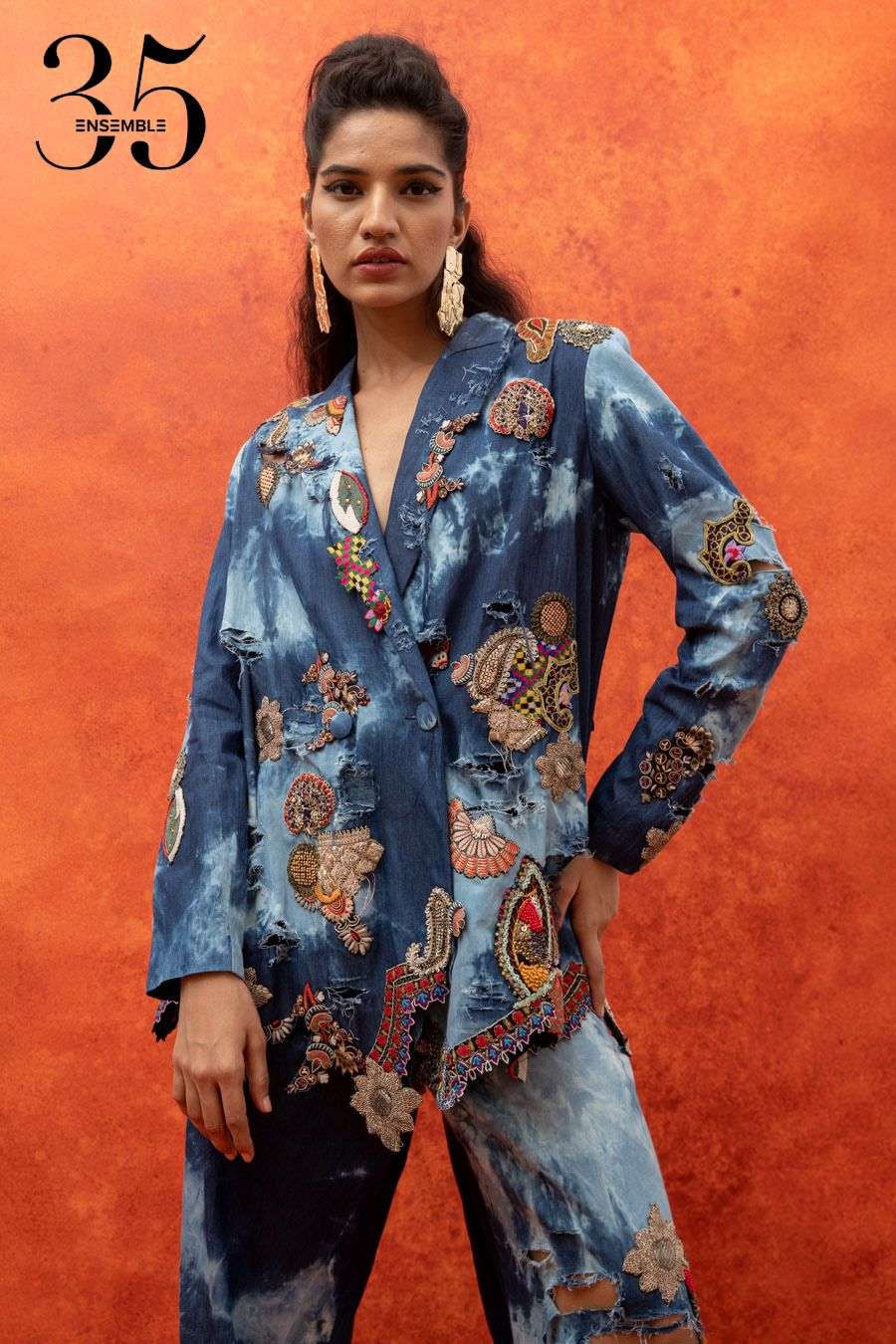 Buy Anamika Khanna x Ensemble Soft Blue Denim Jacket Sets