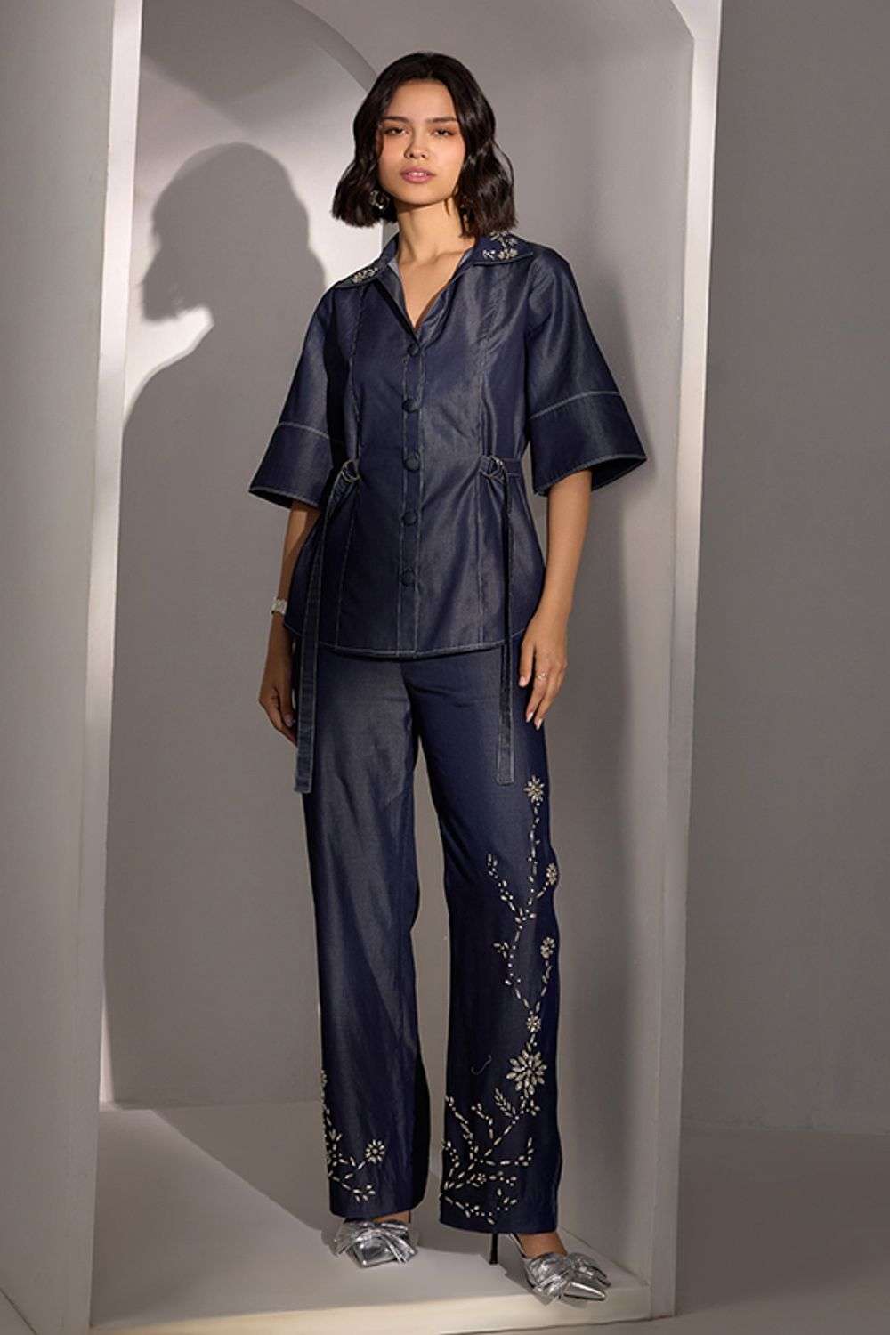 Blue Denim Embellished Blazer And Pant Set