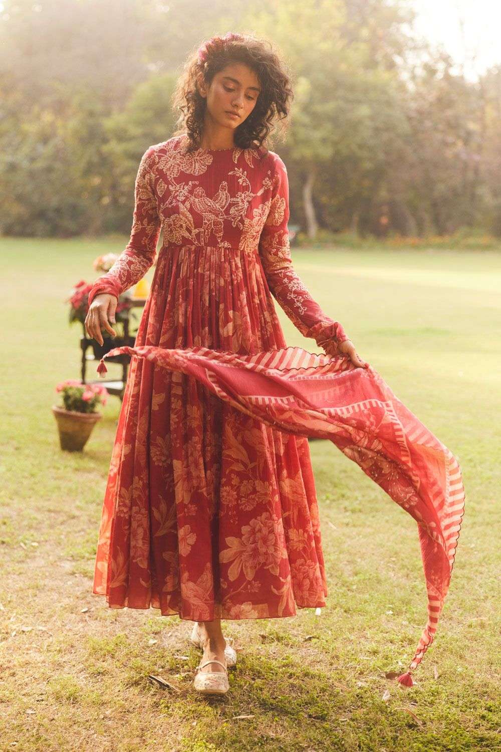 Crimson Malai Chanderi Printed Dress With Scarf