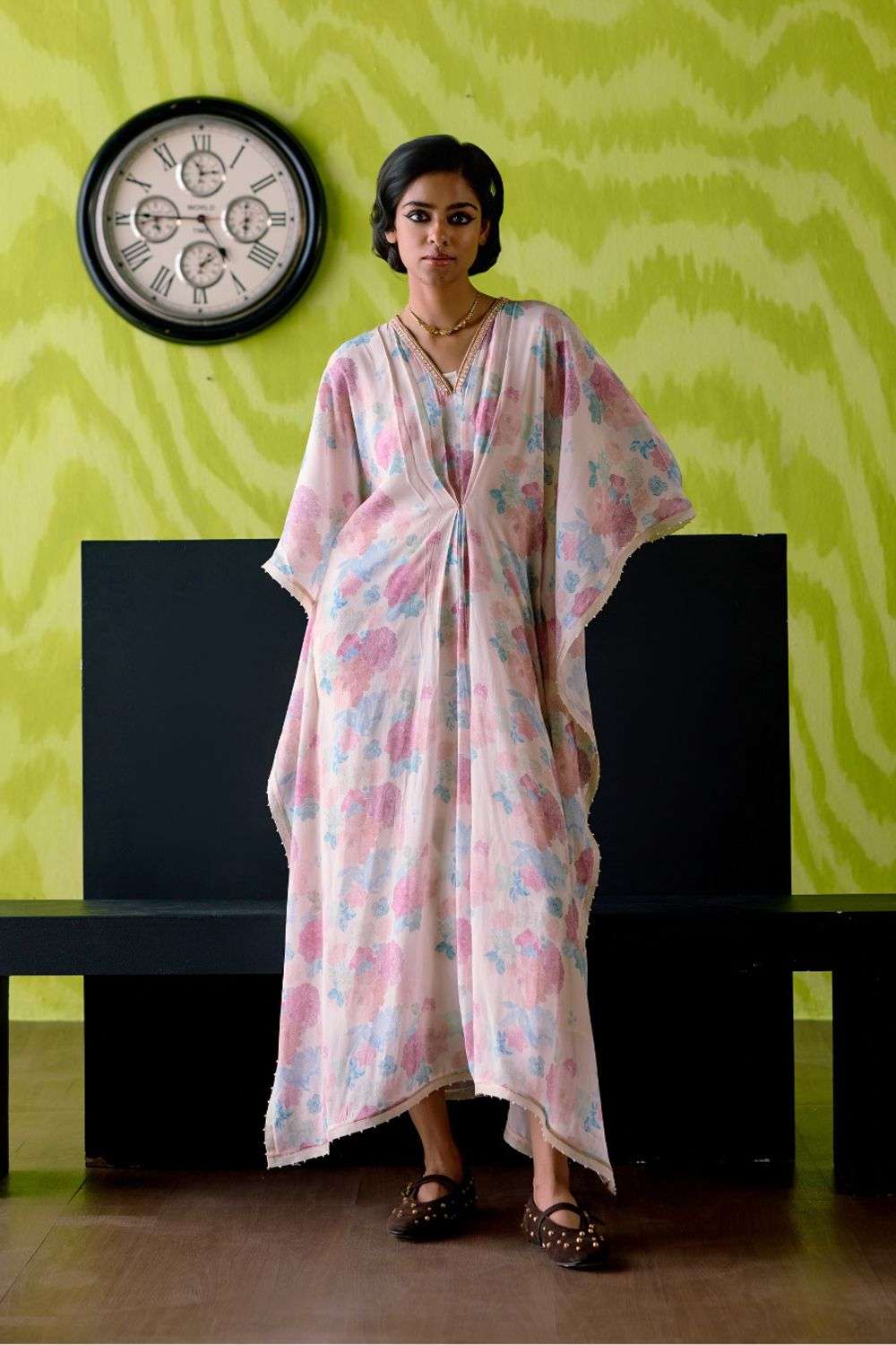 Ivory Crepe Silk Floral Print Embroidered Kaftan