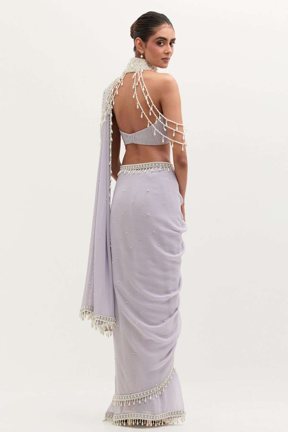 Buy Mala and Kinnary Soft Lavender Georgette Pearls Saris