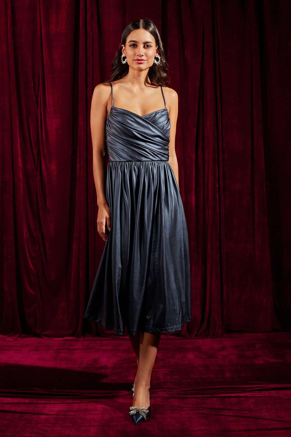 Buy Metallic Blue Luxe Lame Midi Dress -Designer Wear Ensemble