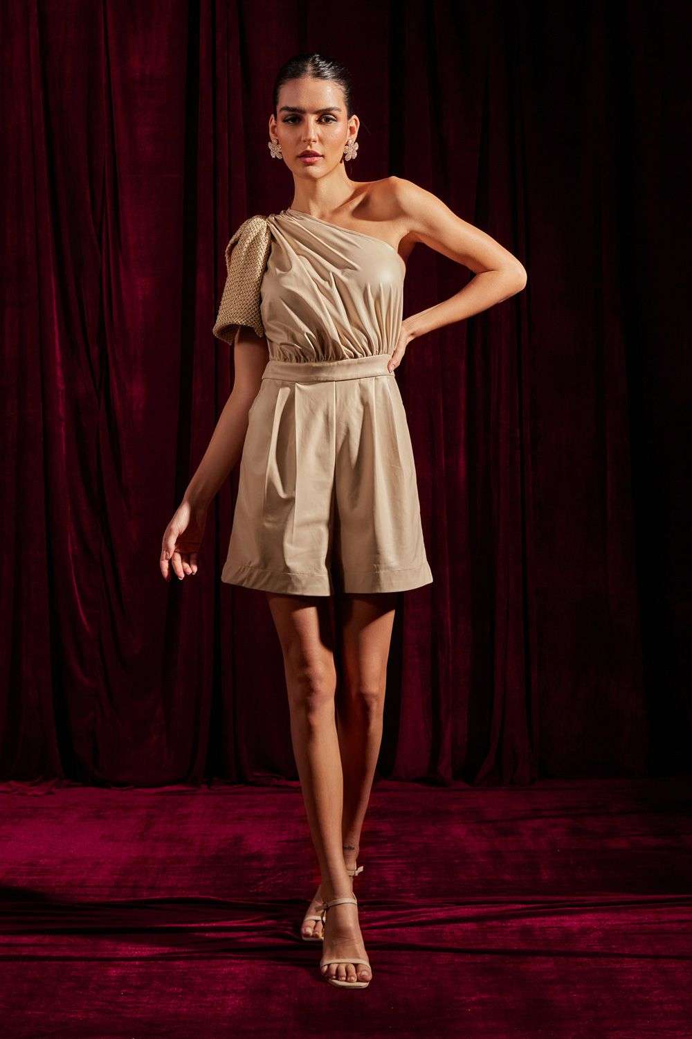 Buy Ivory Faux Leather Playsuit with Mesh Bow Designer Wear Ensemble