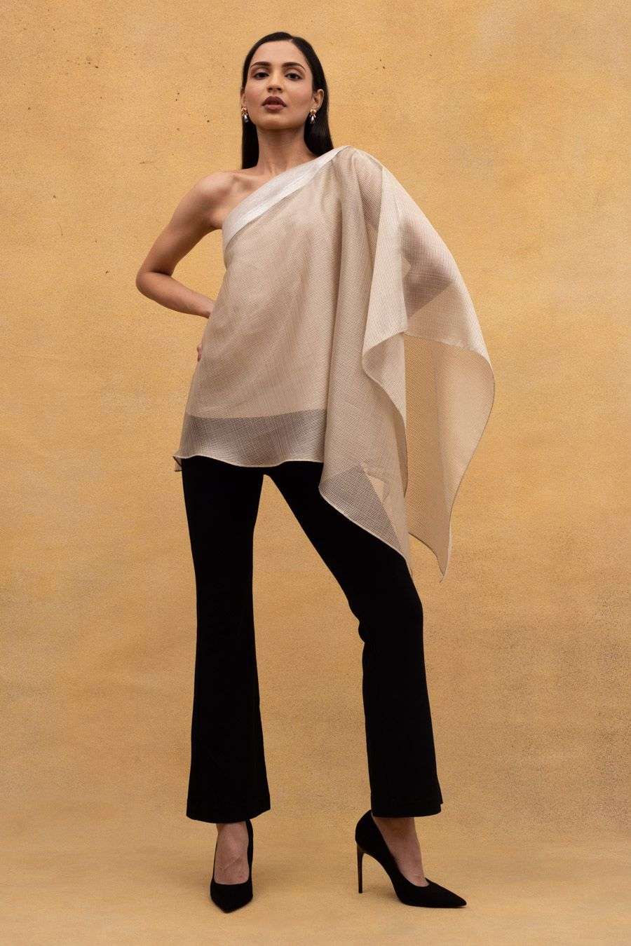 Buy Amit Aggarwal Soft Beige Striper Tops