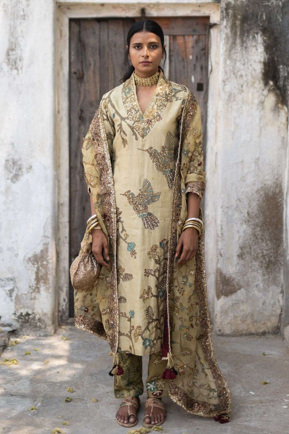 Beige kalamkari kurta set - Main Image