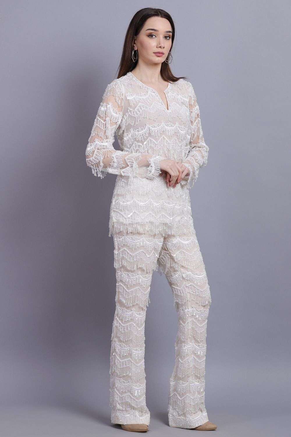 Buy Asira Soft Ivory Top- net, pants- georgette Coordinate Sets