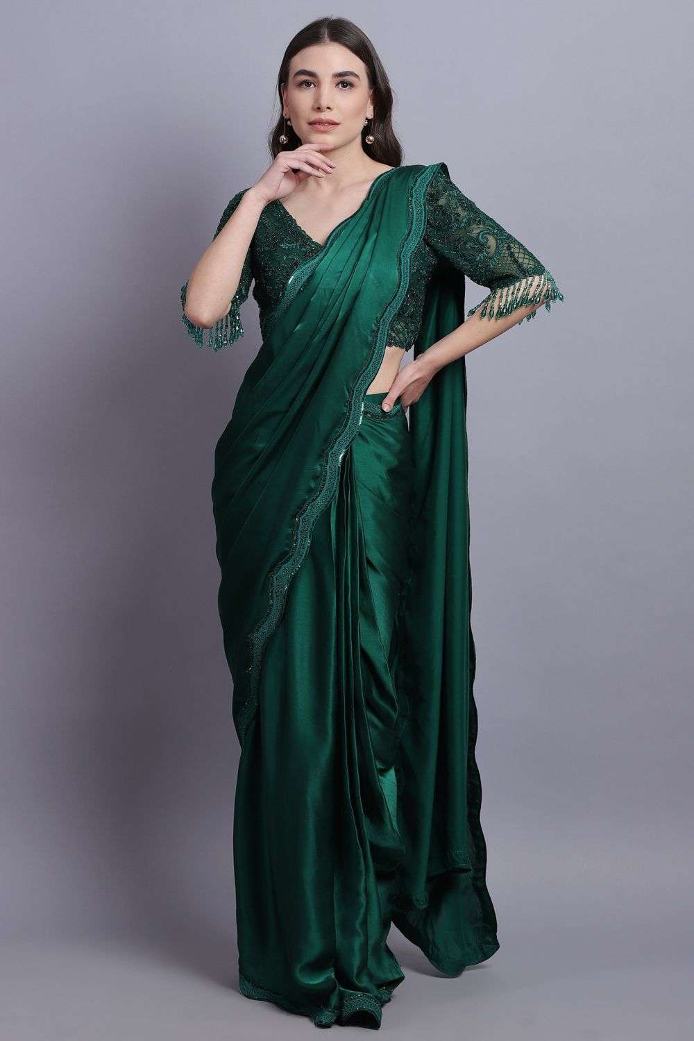 Buy Asira Soft Green Sari- satin, blouse- net Saris Concept Saris - Main Image