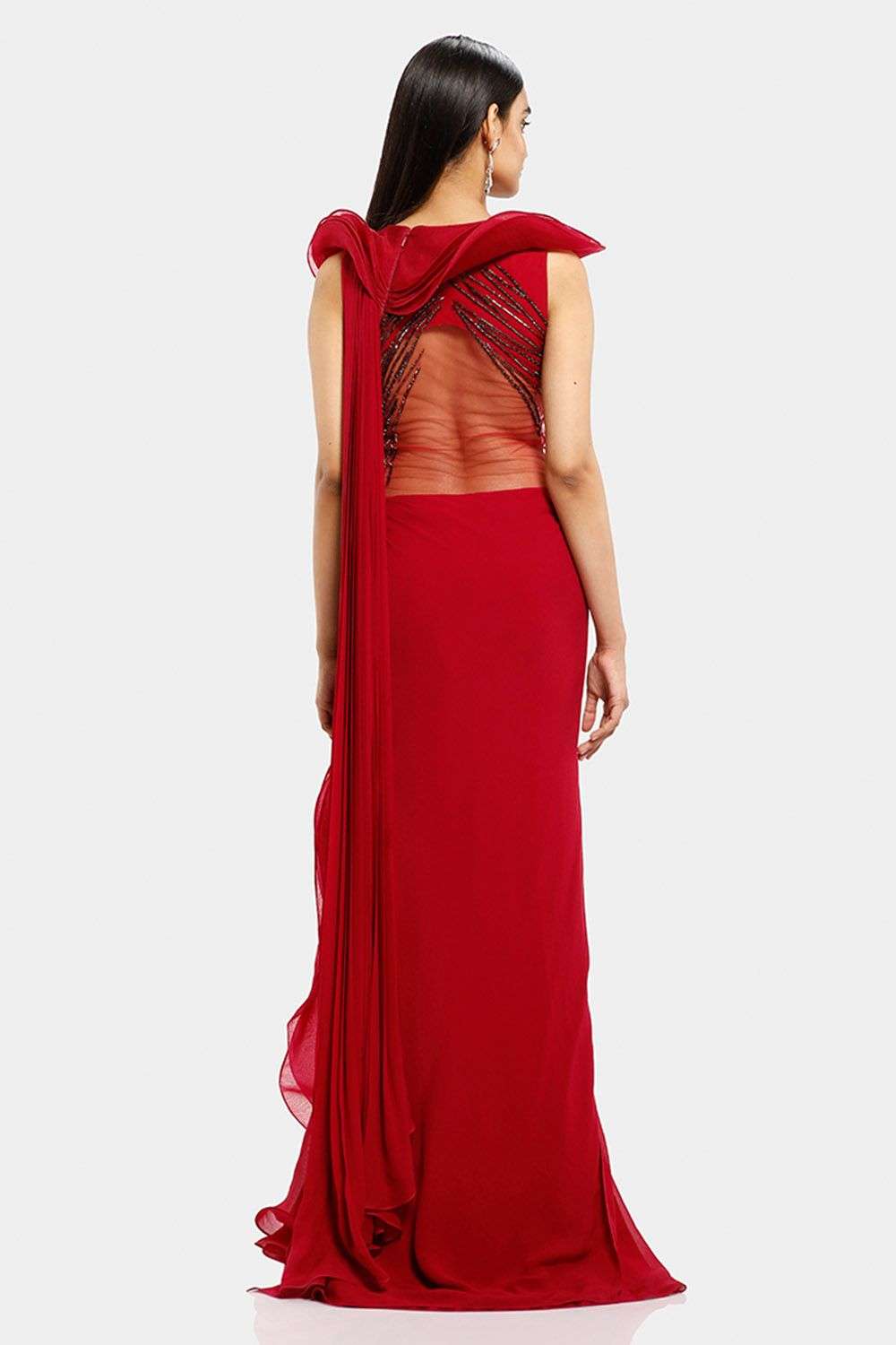 Hand Embroidered Georgette Saree Style Gown in Red and Mustard : TJW1870