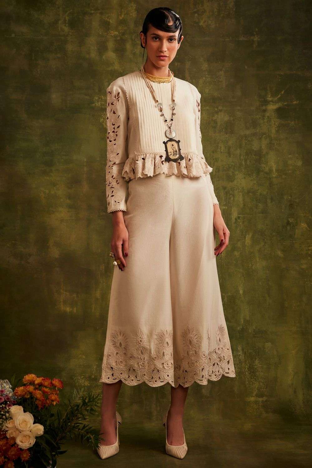 Buy Chandrima Soft Ivory Chanderi Cutwork Tops