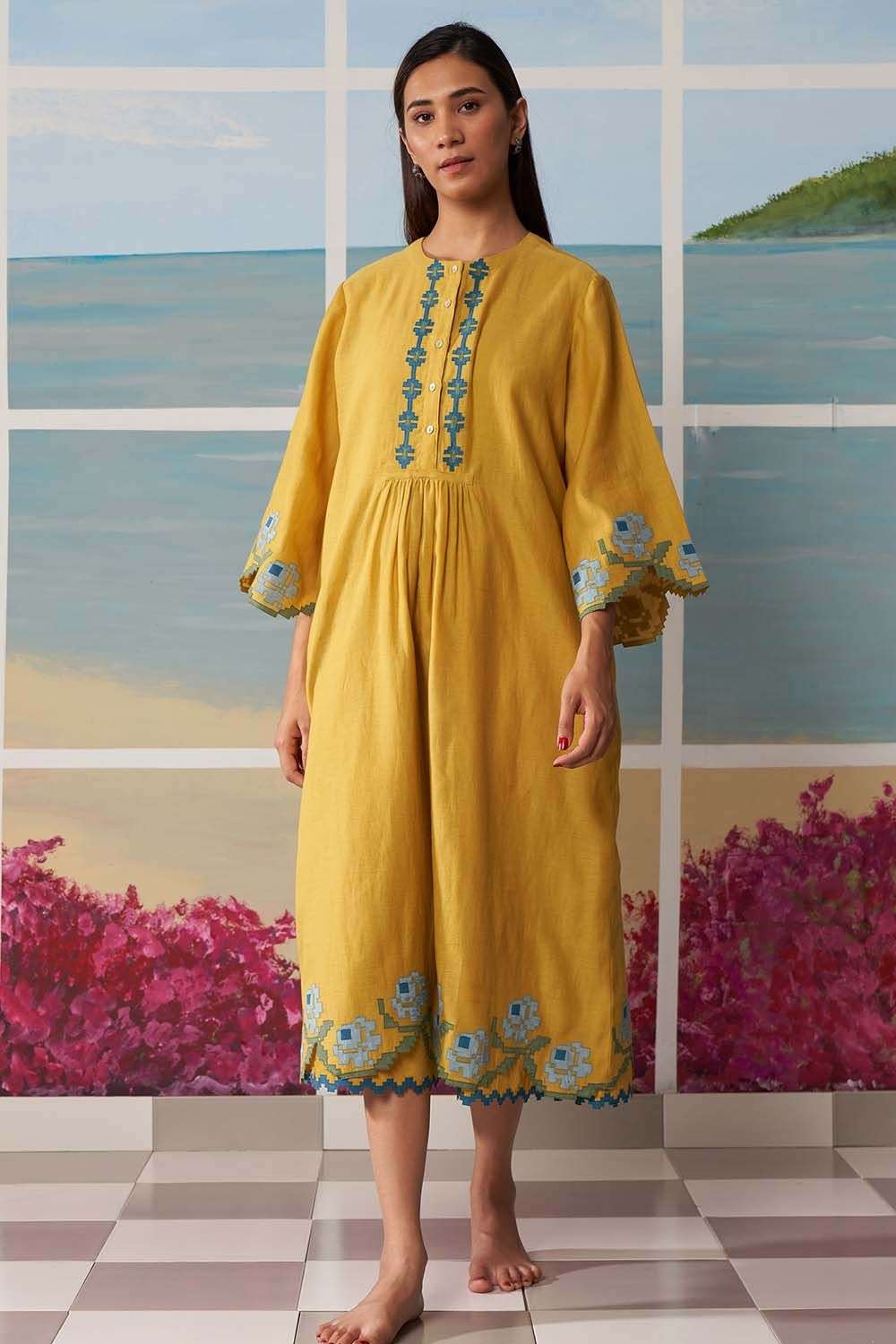 Buy Ikai Soft Yellow Thin chanderi Dresses