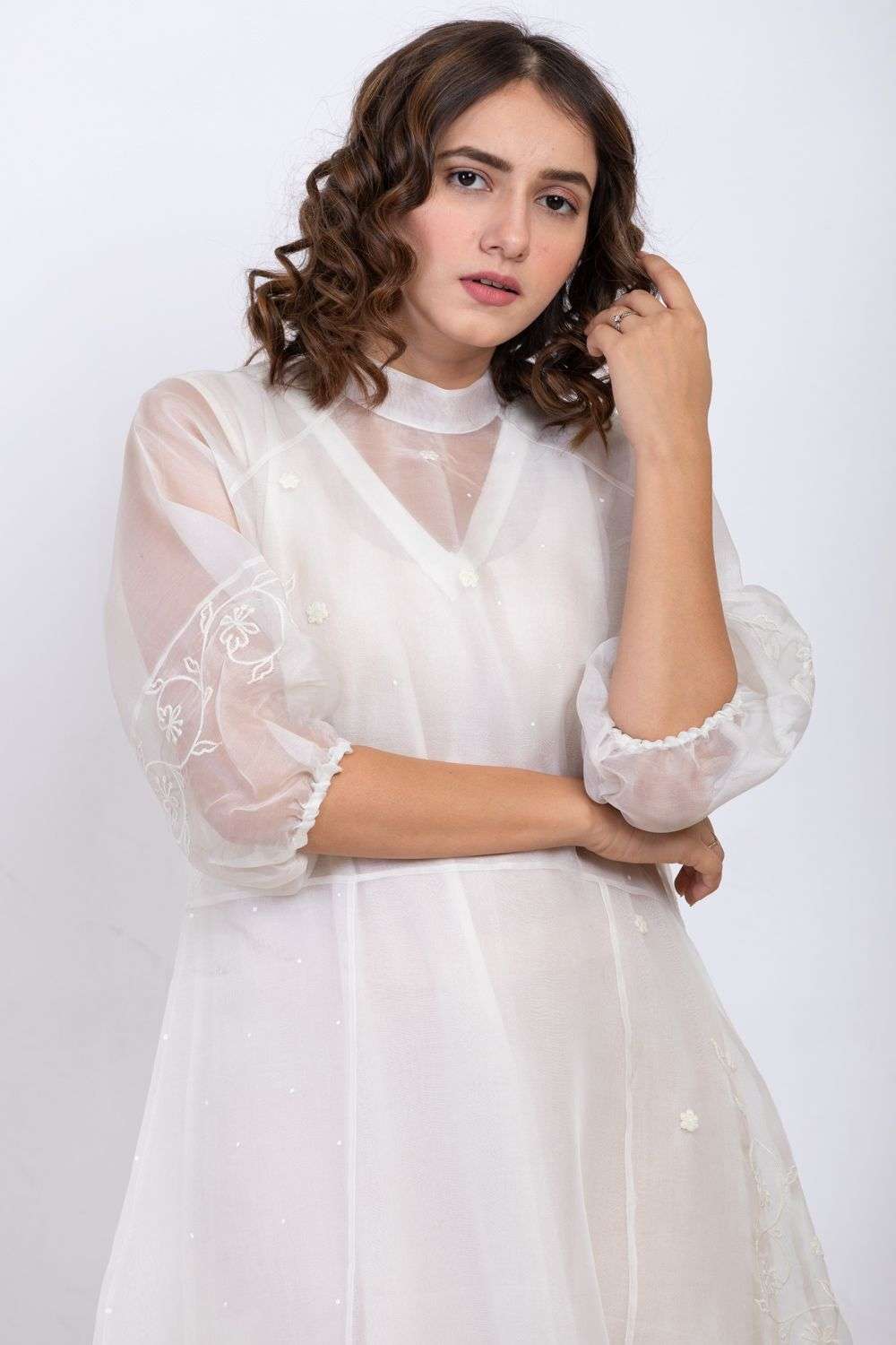 Buy Ekadi Soft Ecru Organza, cotton silk Hand & machine embroidery