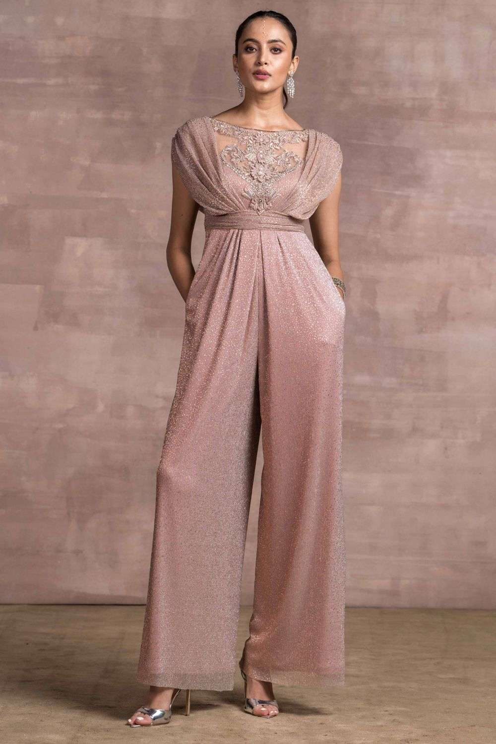 Buy Tarun Tahiliani Soft Pink Foil crinkle net Jumpsuits