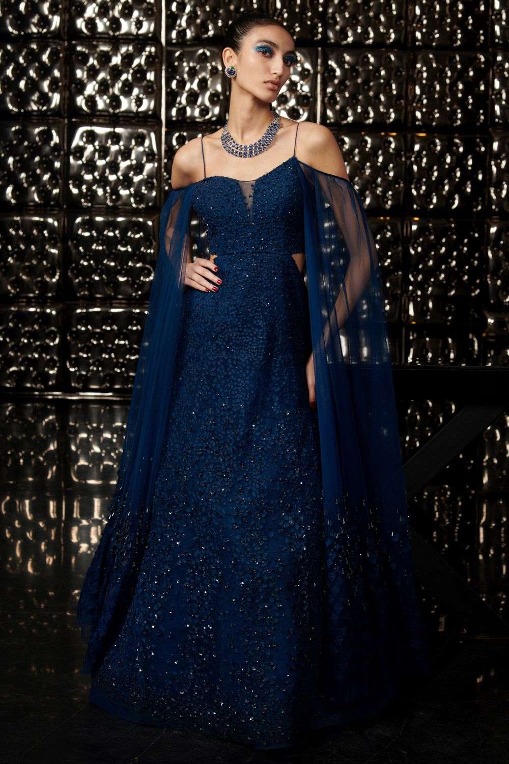 Buy Blue Tulle Embellished Sequin And Crystals Scoop Neck Gown With Cape  For Women by Rohit Gandhi + Rahul Khanna Online at Aza Fashions.