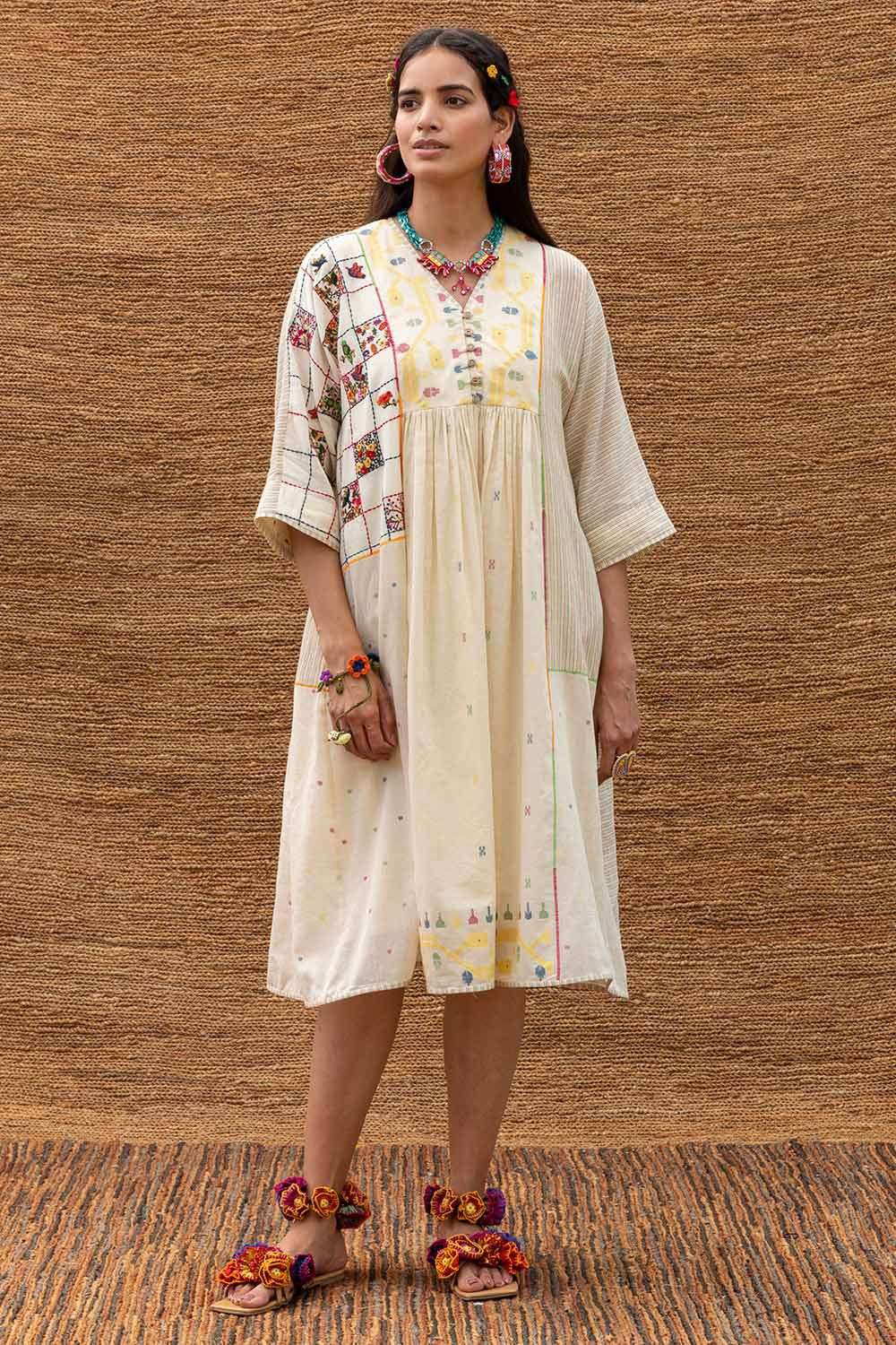 Buy Sunira Designs Soft Ecru Dress- fine handwoven jamdani muslin