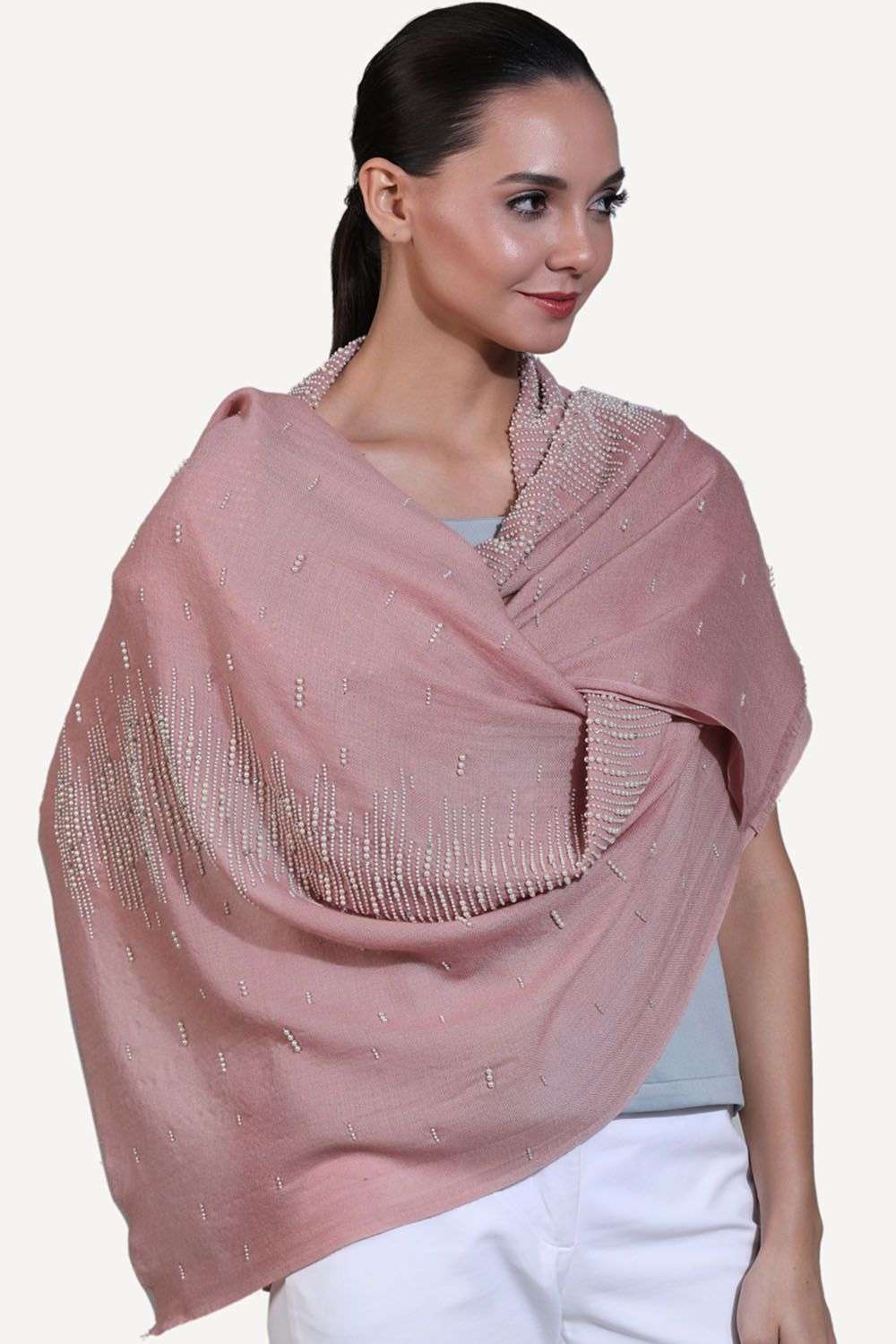 Light pink embroidered merino wool scarf