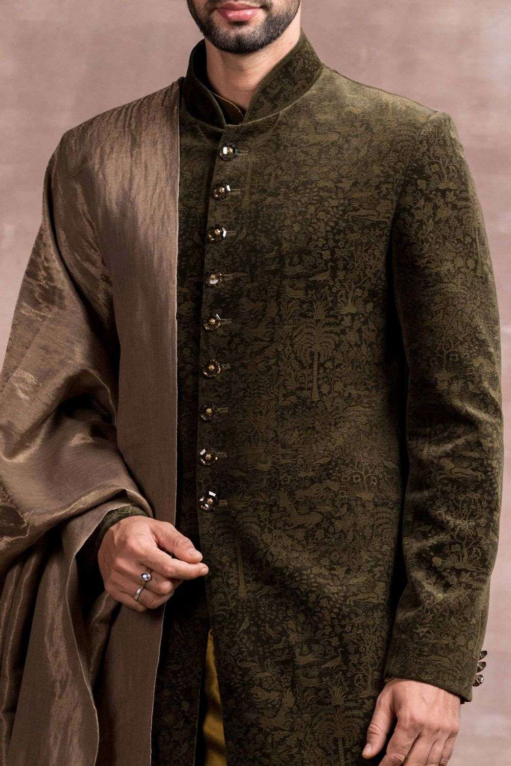Emerald green cotton velvet sherwani set