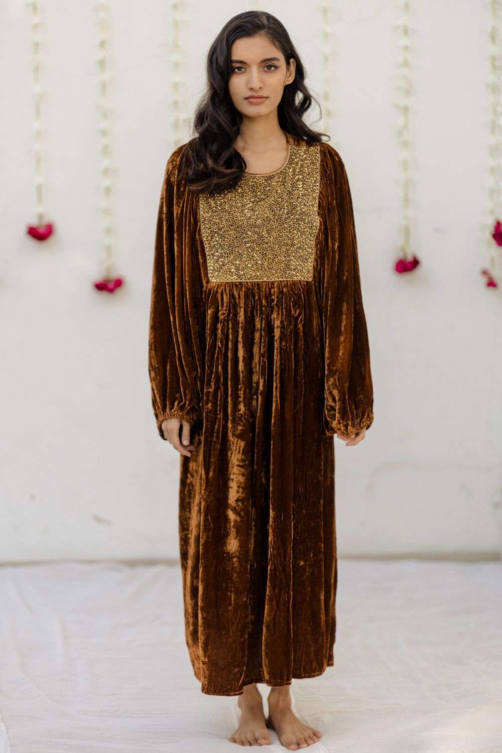 Mustard hand embroidered velvet kaftan dress