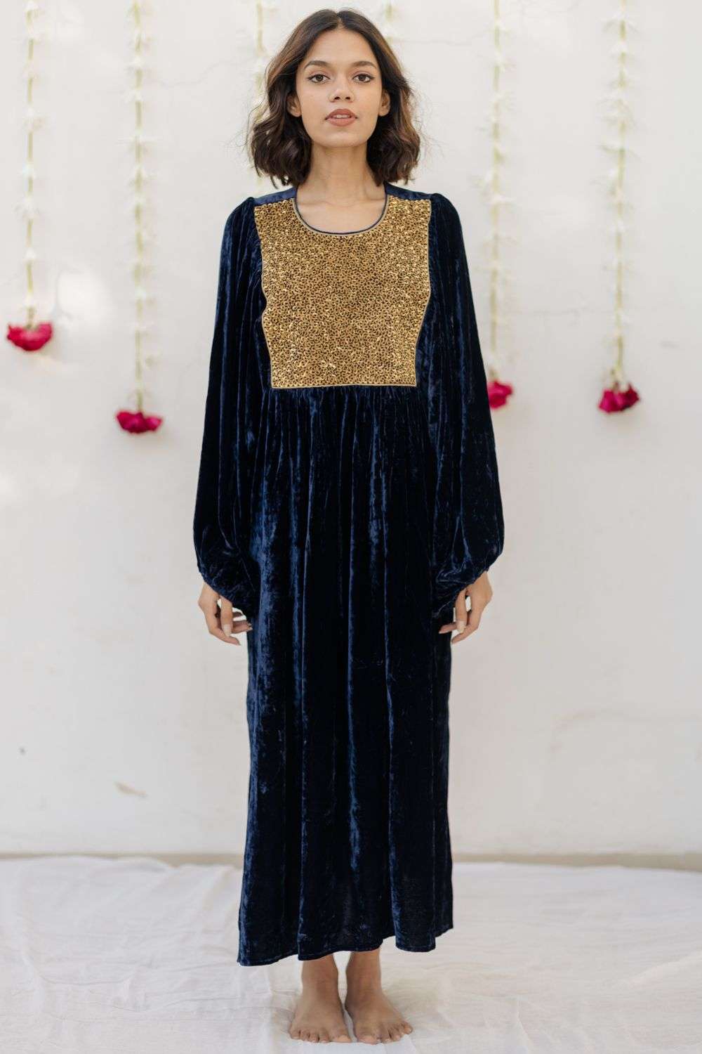 Buy Mimamsaa Soft Blue Velvet Hand embroidery Dresses