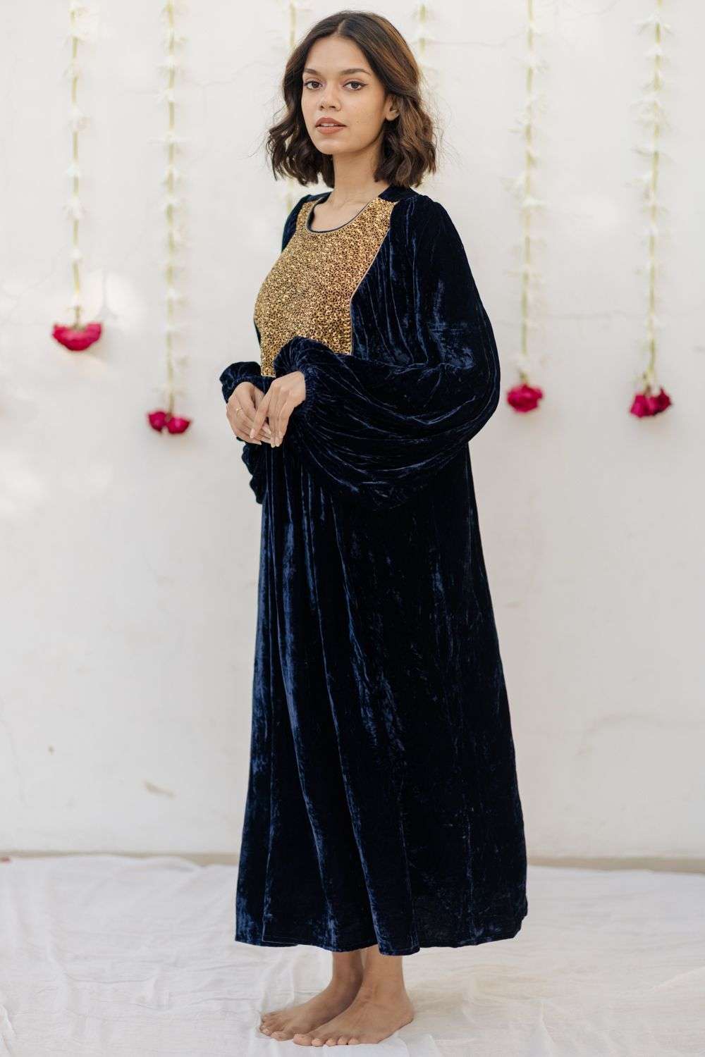Navy blue hand embroidered velvet kaftan dress