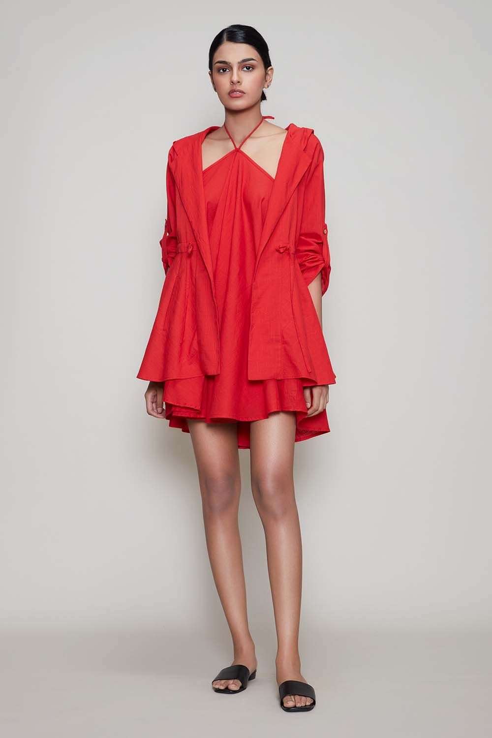 Red halter neck dress jacket set - Main Image