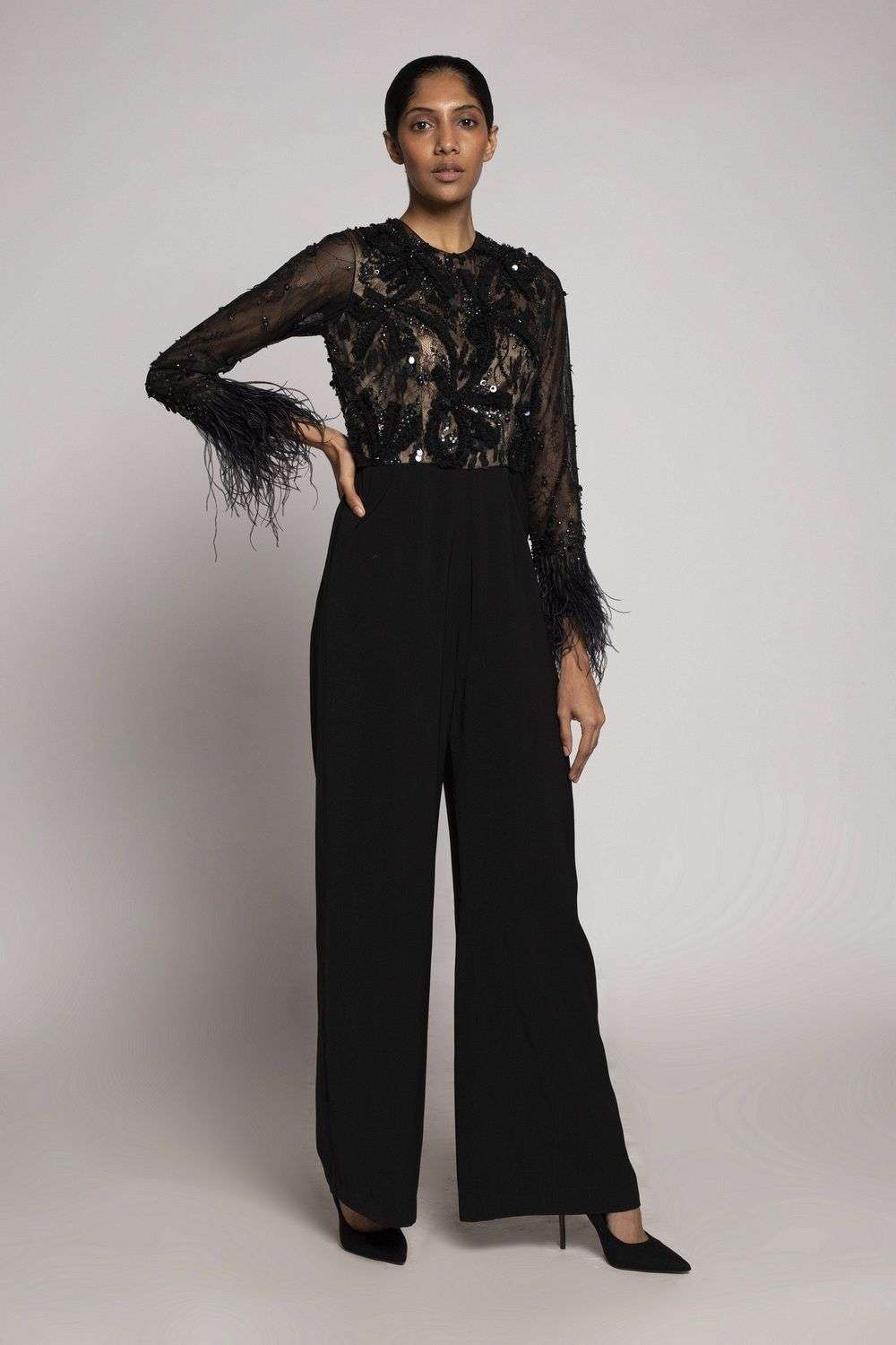 Buy Dilnaz Soft Black Bodice lace lining satin blend trouser georgette blend Sequins Jumpsuits