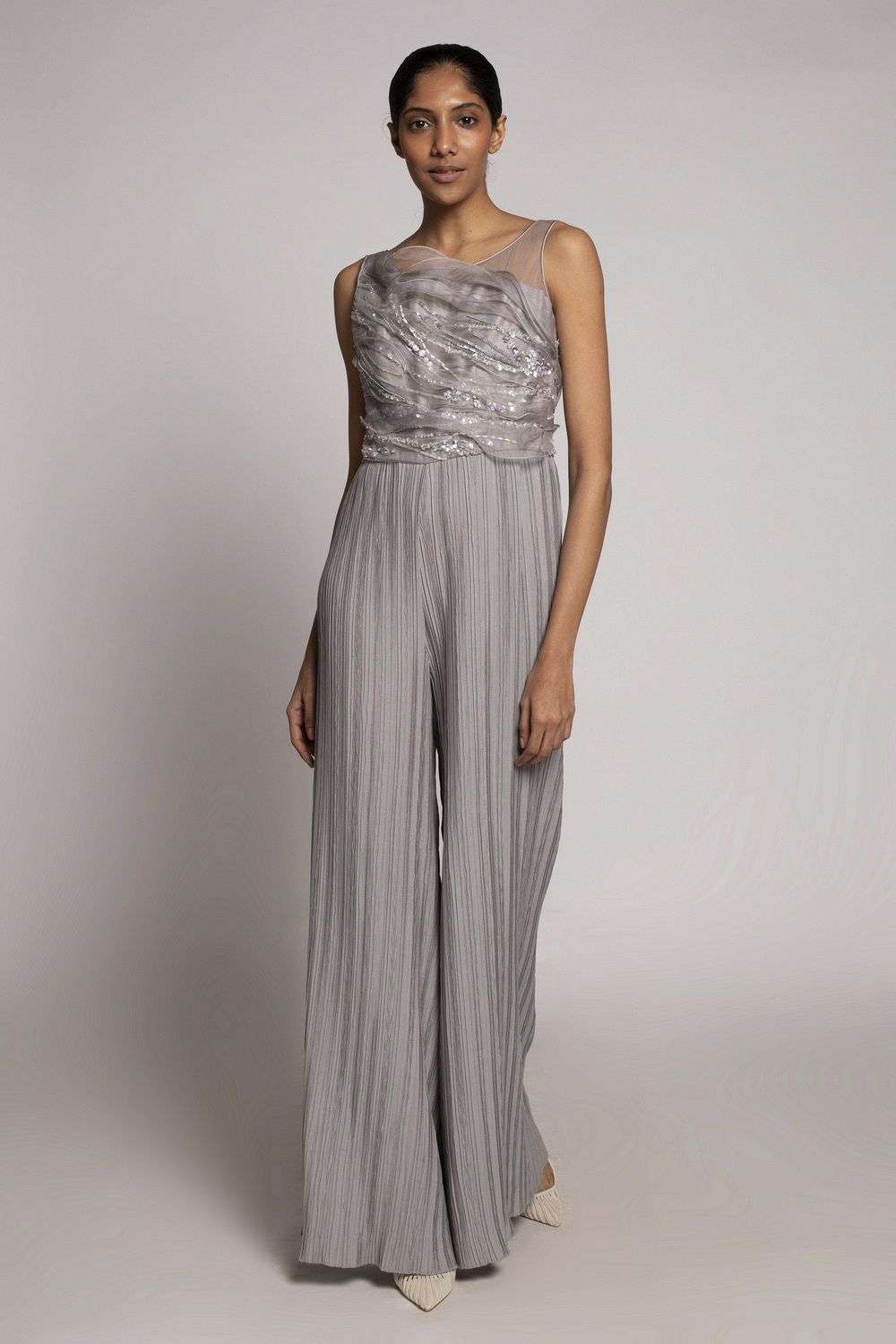 Buy Dilnaz Soft Grey Bodice silk organza and net lining satin blend trouser perma pleated fabric