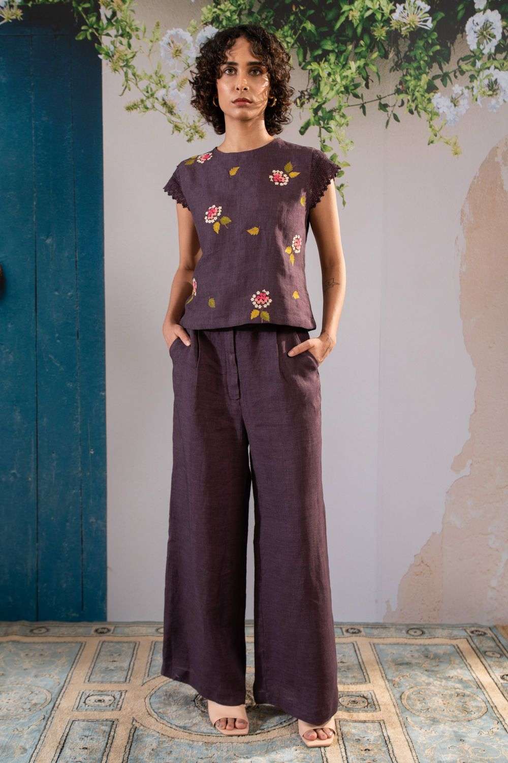 Lavender dahlia printed embellished co-ord set