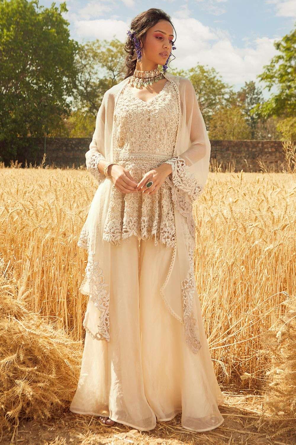Buy Ridhima Bhasin Soft Ivory Organza Machine hand embroidery