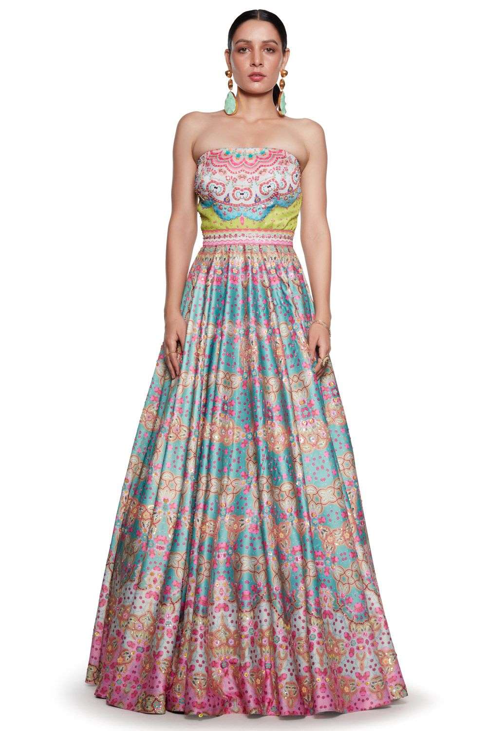 Pink blue floral embroidered gown