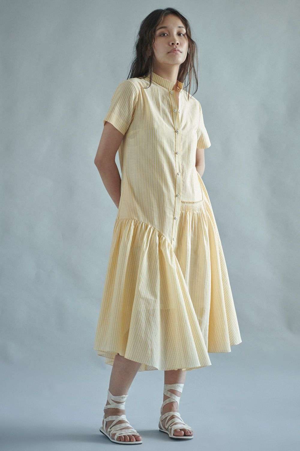 Buy SWGT Soft Yellow Striped handwoven cotton Dresses