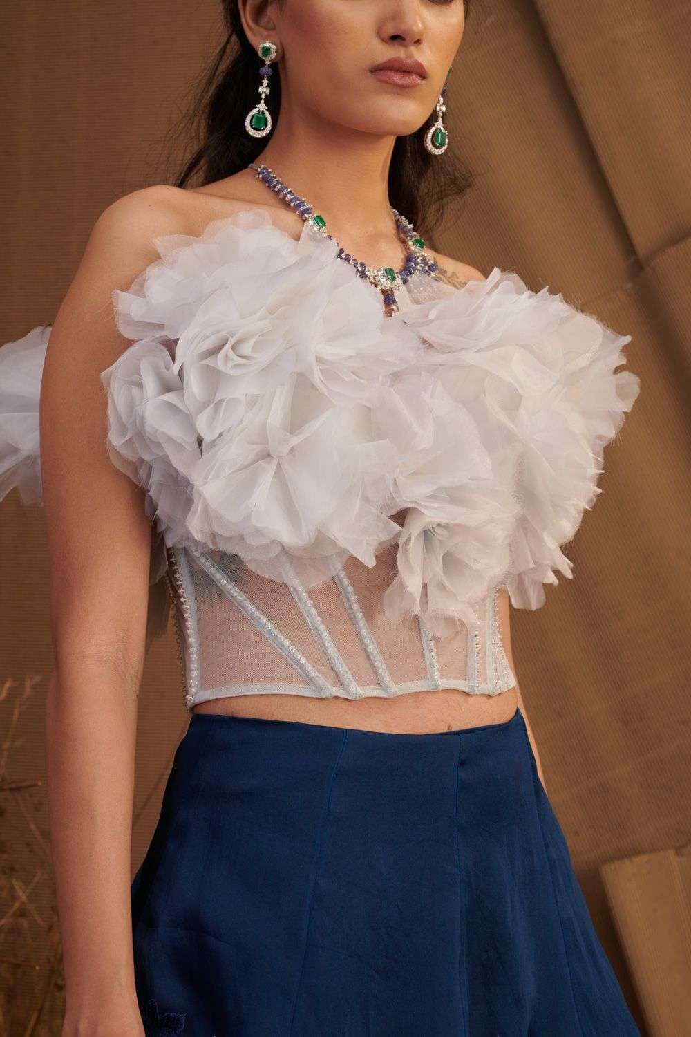 Buy Shriya Som Soft Ivory Blouse-tulle, organza ruffle Blouses
