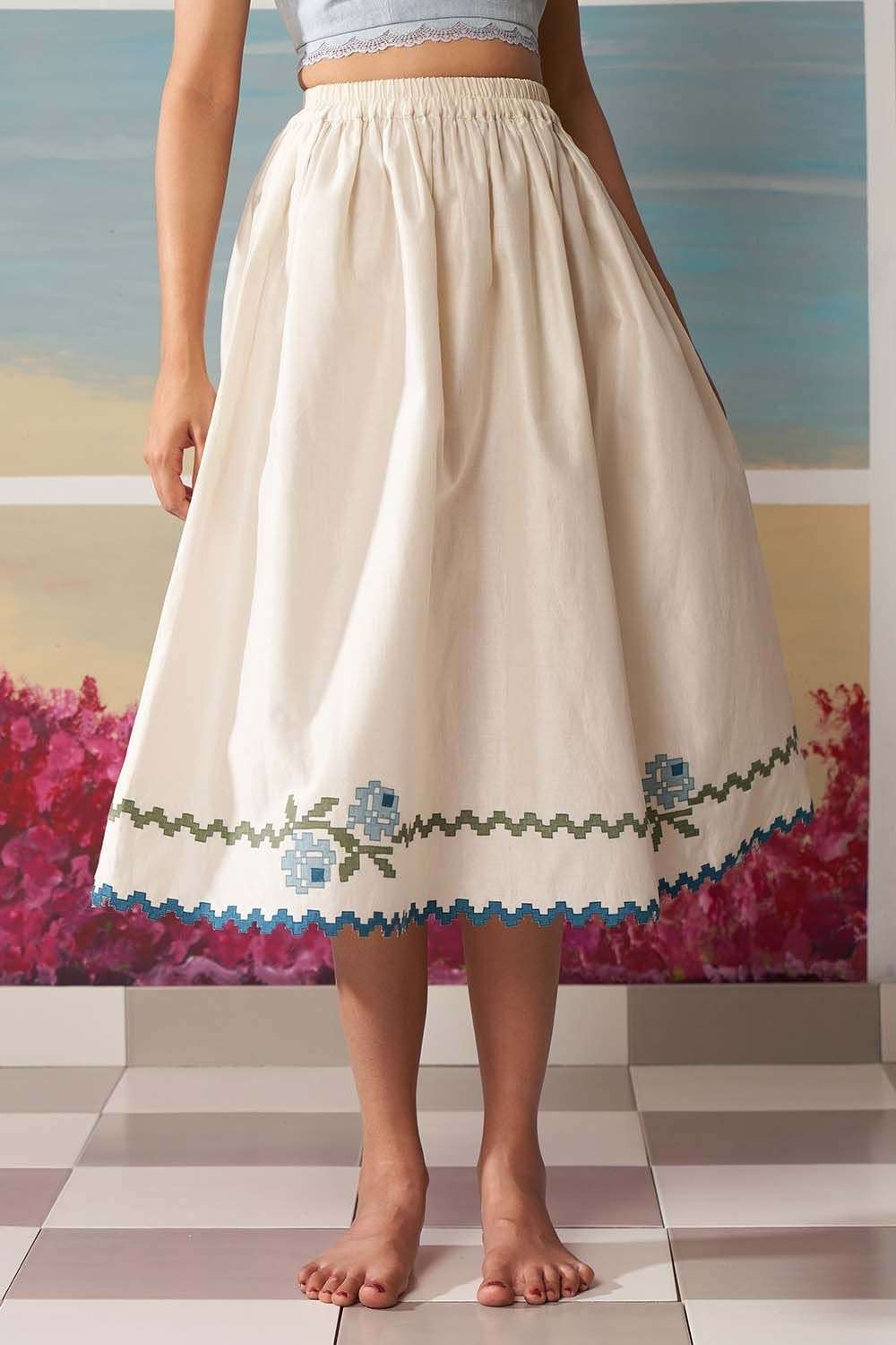 Ivory midi skirt with floral applique details - Main Image